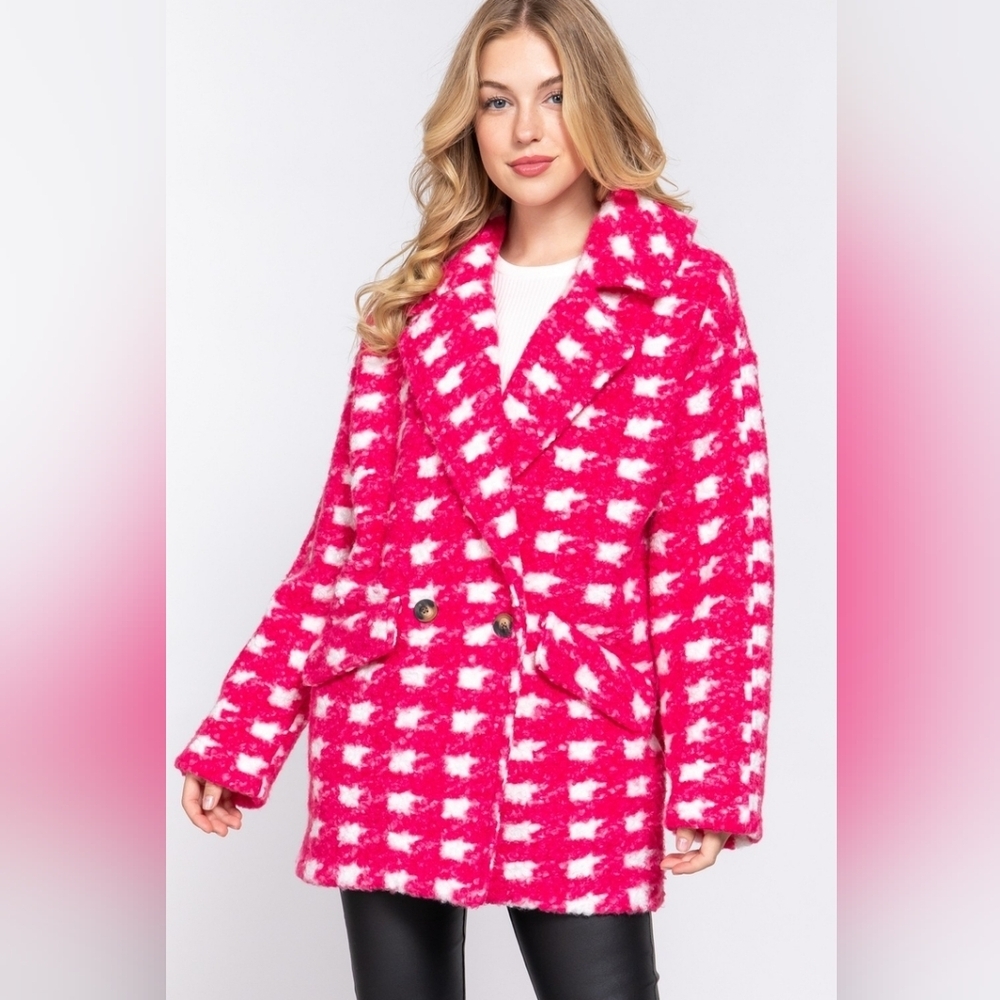 NWT Pink Plaid Fleece Pea Coat Women’s Cozy Teddy Jacket Small Medium Large